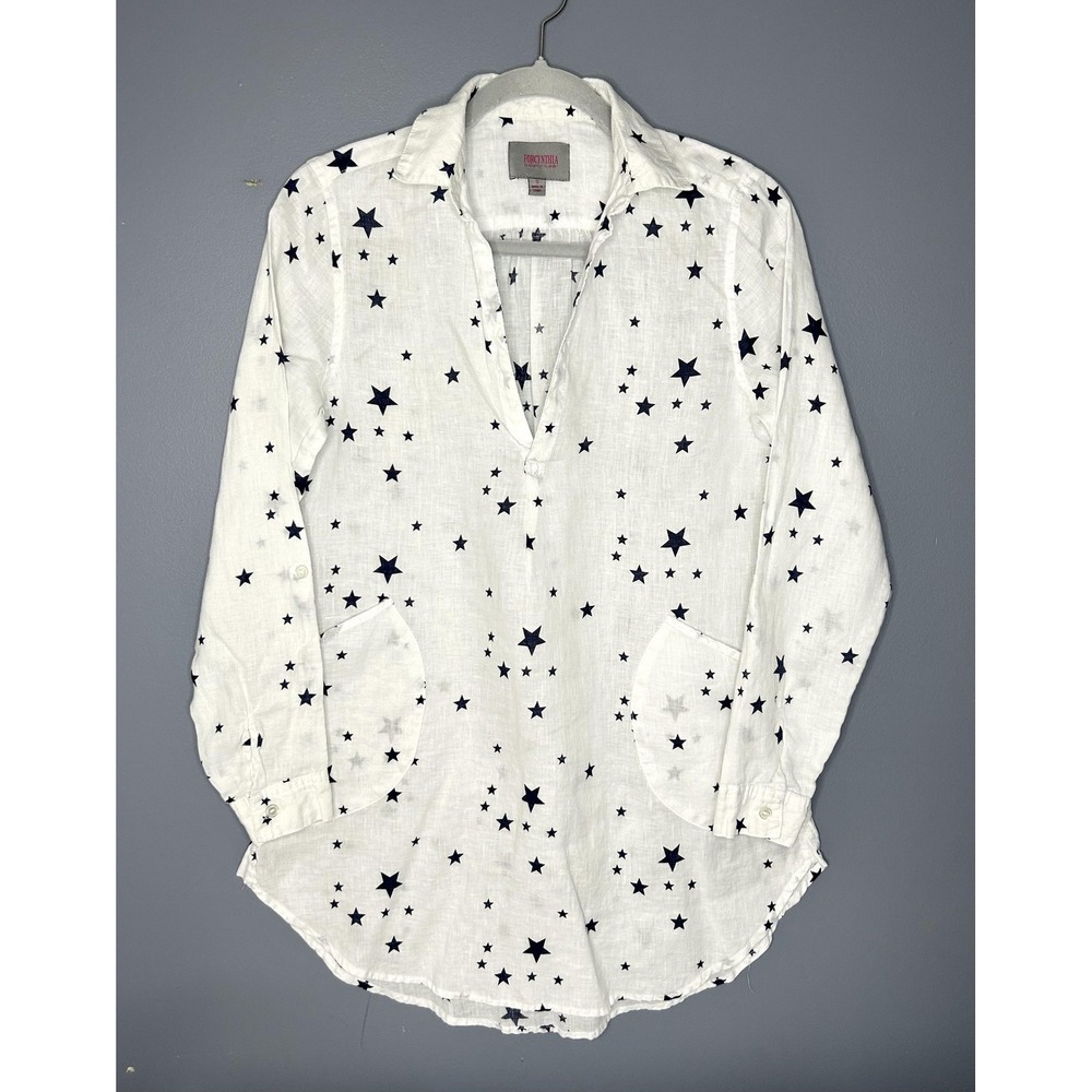 Forcynthia Beachwear Shirt Womens Small White Linen Star Print Popover Tunic